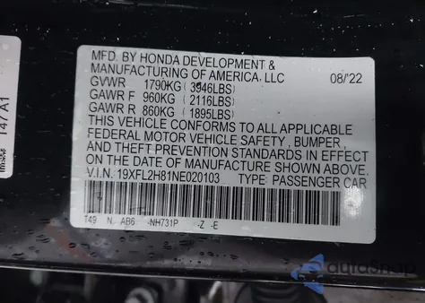 2022 Honda Civic Sport from USA, damaged, VIN 19XFL2H81NE020103